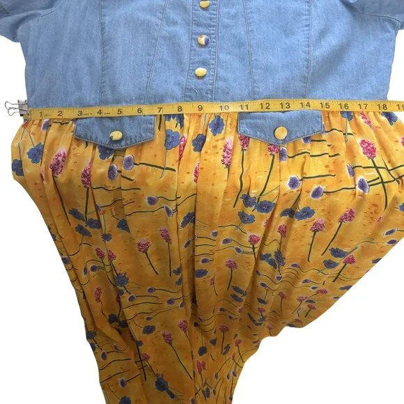 Vintage Karlie Collection Denim & Floral Midi Dress Size 14 Yellow & Blue - Picture 8 of 11